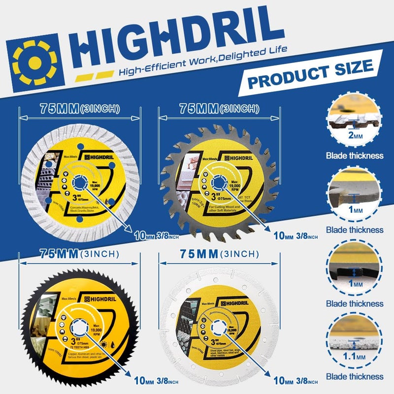 HIGHDRIL 3" 75mm Circular Saw Blade Set 4pcs - Diamond/HSS/TCT Cutting Disc for Angle Grinder Cutting Soft Metal Copper Aluminum Granite Tile Plastic Wood - Image 2